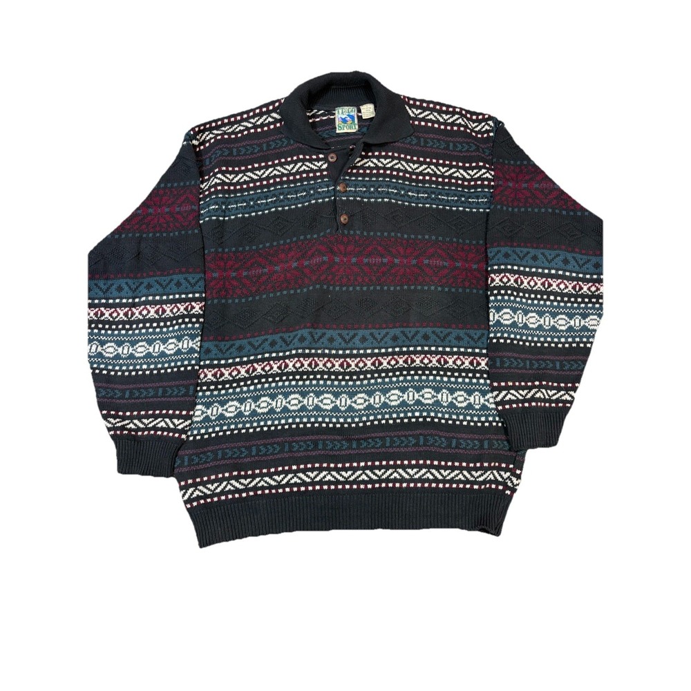TT&Co Sport Polo Sweater Aztec Tribal Pattern 100% Cotton Size L Made‎ Canada